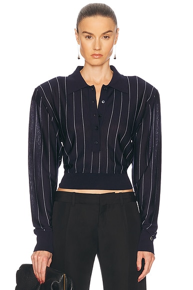 Stella McCartney Pinstripe Light Knit Polo Top in Ink & White
