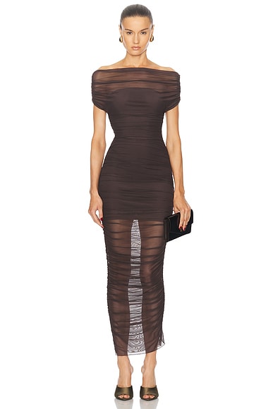 SER.O.YA Noel Off Shoulder Midi Dress in Ash Brown