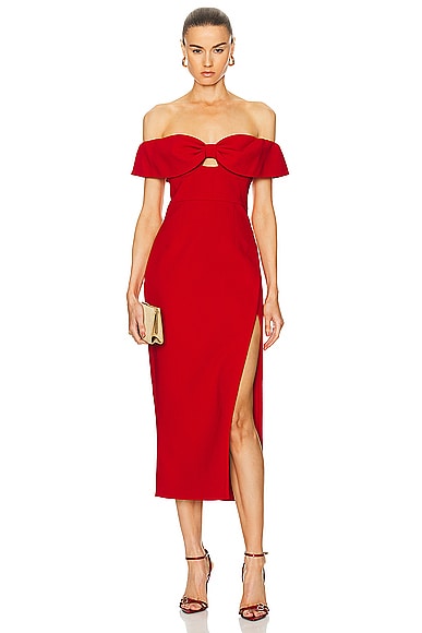 self-portrait Crepe Bow Midi Dress in Red