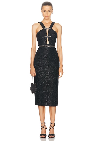 self-portrait Tinsel Boucle Midi Dress in Black