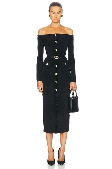 self-portrait Chenille Knit Midi Dress in Black