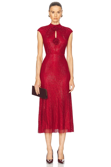 self-portrait Rhinestone Fishnet Midi Dress in Red