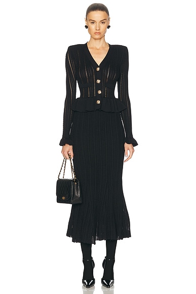 self-portrait Knit Peplum Midi Dress in Black