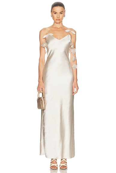 self-portrait Satin Flower Maxi Dress in Champagne