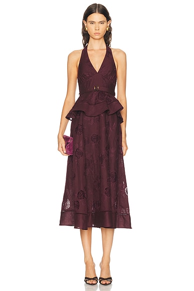 self-portrait Linen Peplum Midi Dress in Burgundy
