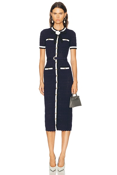 self-portrait Pointelle Knit Midi Dress in Navy