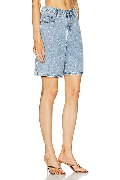 Shop Self-portrait Rhinestone Denim Shorts In Light Blue