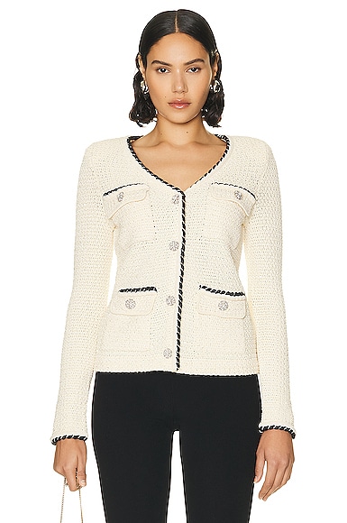 Self-portrait Sequin Crystal Faux Pearl Embellished Knit Cropped Cardigan In Cream