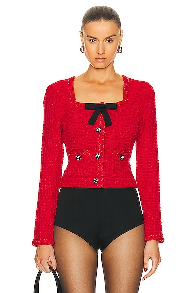 Shop Self-portrait Knit Bow Top In Red
