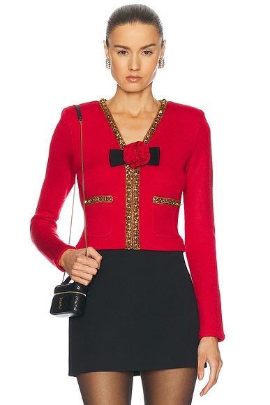 self-portrait Textured Knit Corsage Cardigan in Red