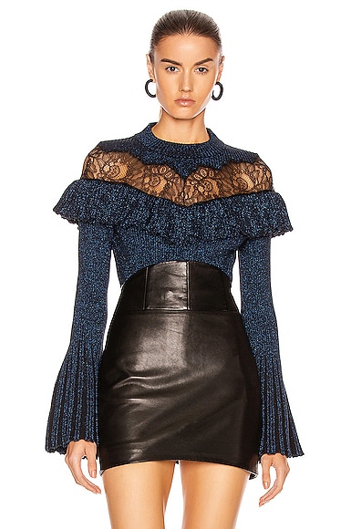 self-portrait Lurex Fine Lace Panel Knit in Navy | FWRD