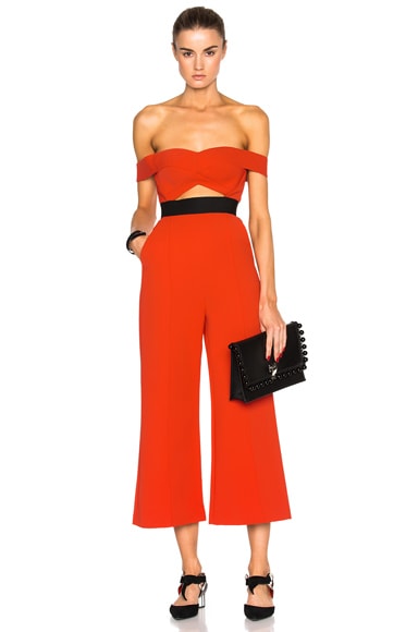 Self portrait red off shoulder jumpsuit hot sale