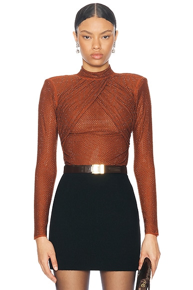 self-portrait Rhinestone Mesh Top in Brown | FWRD self-portrait Rhinestone Mesh Top in Brown | FWRD