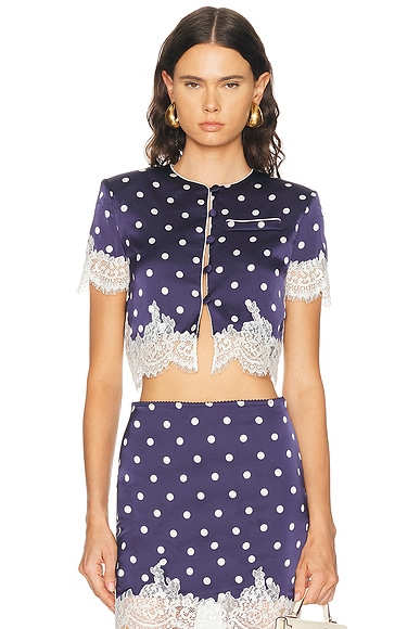 self-portrait Polka Dot Satin Top in Navy