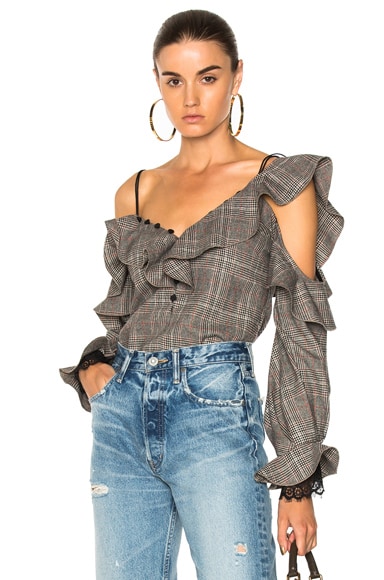 Wool Check Off Shoulder Frill Top