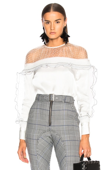 self-portrait Satin Yoke Trimmed Top in White | FWRD