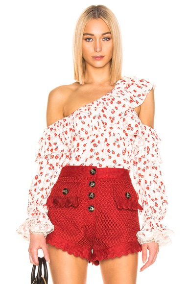 self-portrait One Shoulder Ditsy Printed Top in Cream | FWRD