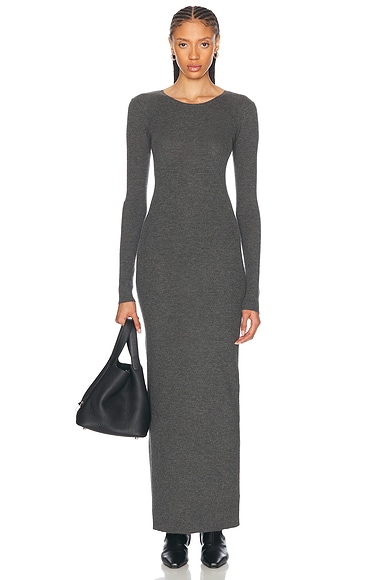 SPRWMN Long Sleeve Crewneck Cashmere Maxi Dress in Grey