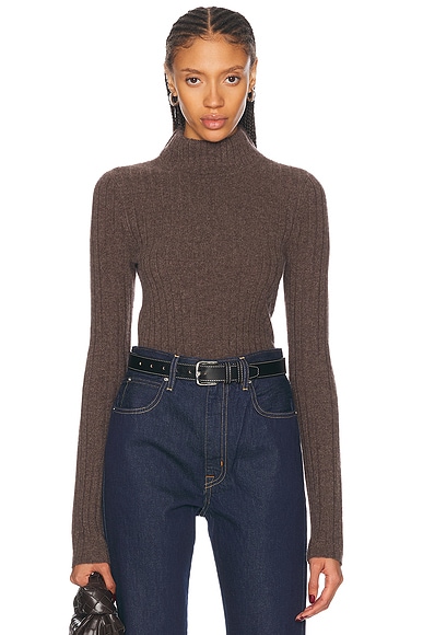 SPRWMN Long Sleeve Cashmere Mock Neck Top in Truffle