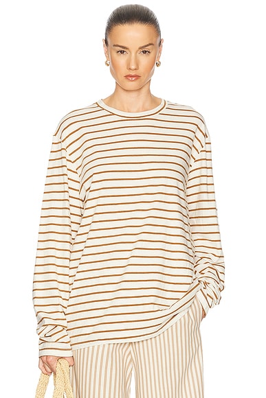 SPRWMN Long Sleeve Oversized Tee in Camel Stripe