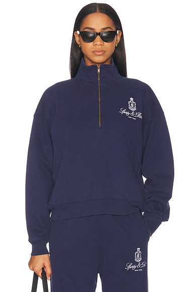 Sporty & Rich Vendome Embroidered Quarter Zip Sweater in Dark Navy