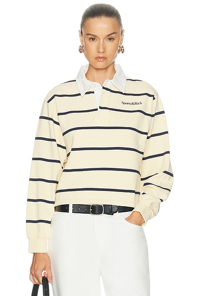 Sporty & Rich Serif Logo Rugby Polo Sweatshirt in Almond & Navy