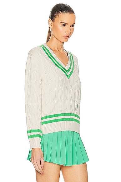 Shop Sporty And Rich Cableknit V-neck Sweater In Cream & Clean Mint