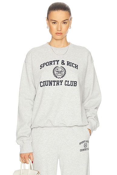 Sporty & Rich Varsity Crest Crewneck Sweater in Heather Gray & Navy