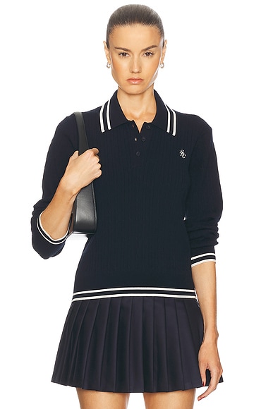 Cable Knit Polo Sweater in Navy & Cream