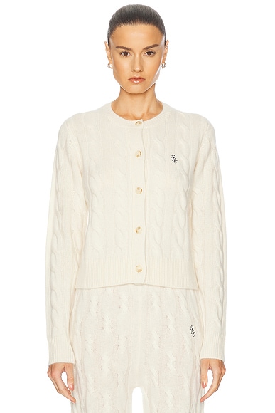 Sporty & Rich Cable Knit Cashmere Cardigan in Cream & Navy
