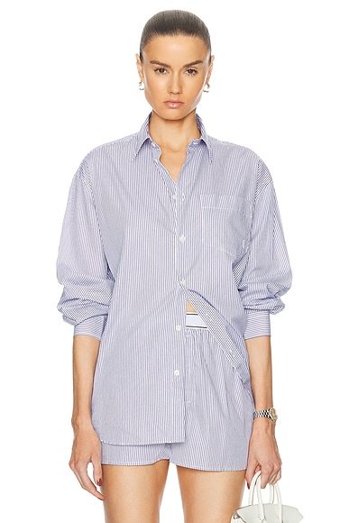 Shop Sporty And Rich Embroidered Oversized Shirt In White & Navy Thin Stripe