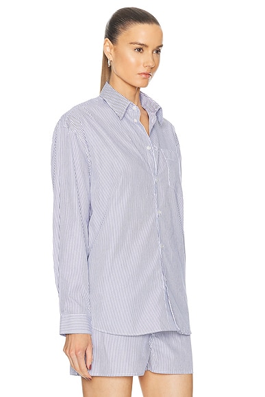 Shop Sporty And Rich Embroidered Oversized Shirt In White & Navy Thin Stripe