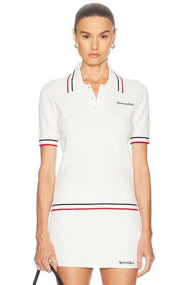 Sporty & Rich Serif Logo Mini Cable Polo Top in Off White