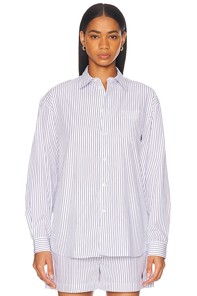 Sporty & Rich Oversized Button Down Top in Blue Striped