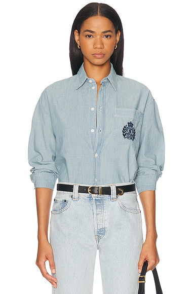 Health & Wellness Crest Oversized Button Down Top