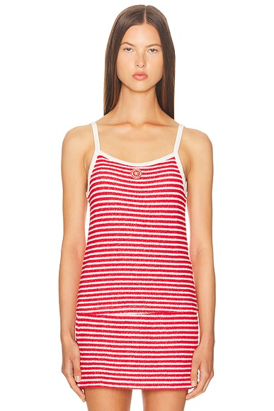 Sporty & Rich Serif Logo Striped Terry Tank Top in Fire Red Stripes
