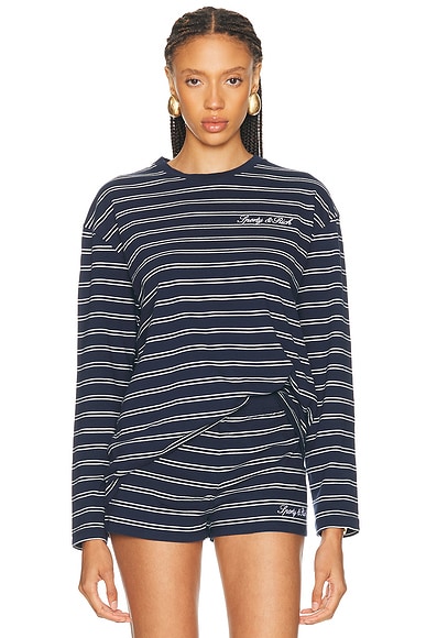 Sporty & Rich Signature Logo Easy Longsleeve Top in Dark Navy & White