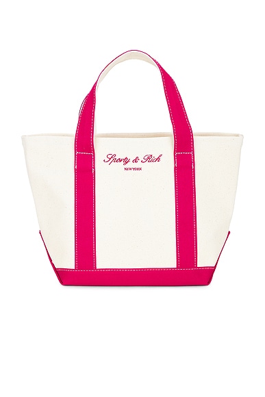 Sporty & Rich Signature NY Logo Mini Tote Bag in Natural & Ruby