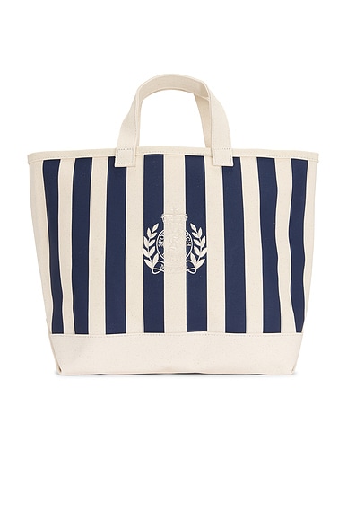 Sporty & Rich NY Crest Beach Tote Bag in Natural & Light Navy