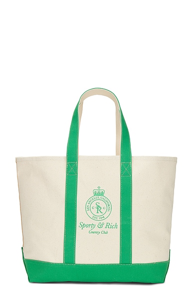 Sporty & Rich Crown Logo Embroidered Two Tone Tote Bag in Natural & Verde