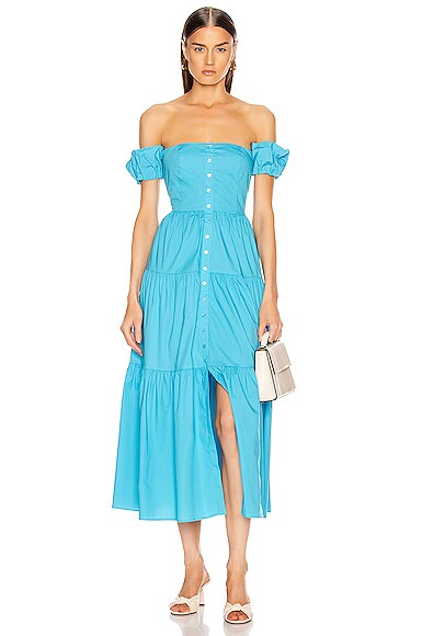 Staud Elio Off-the-shoulder Tiered Stretch-cotton Poplin Midi Dress In Bright Blue