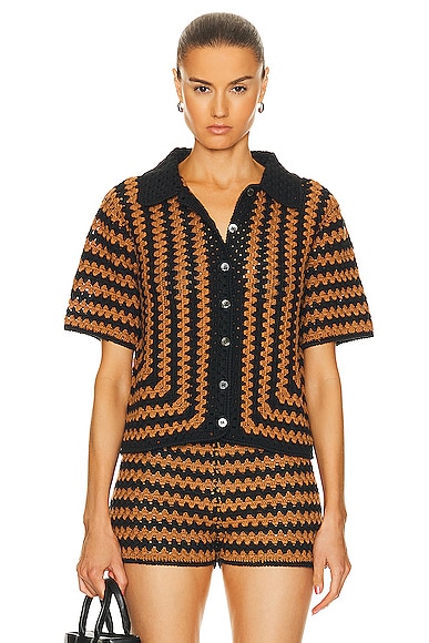 Staud Mabel Knit Cotton Top In Black & Tan Seashore Stripe