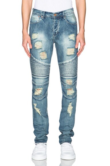 Stampd Distressed Moto Denim in Indigo | FWRD