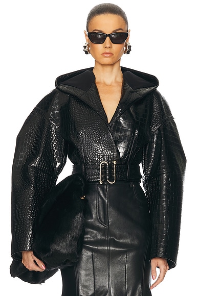 Sportmax Visby Short Coat in Black Crocodile