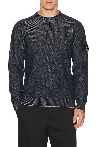 Stone Island Crew Neck Rib Cotton Jumper in Melange Blue