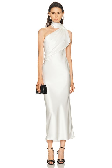 Draped Scarf Neck Satin Dress