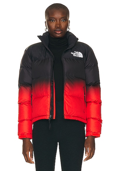 The North Face 96 Nuptse Jacket in Fiery Red Dip Dye Small Print