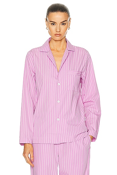 Shop Tekla Long Sleeve Stripe Shirt In Purple Pink Stripes