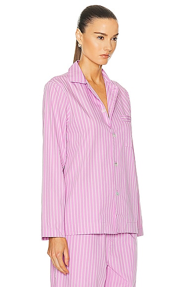 Shop Tekla Long Sleeve Stripe Shirt In Purple Pink Stripes