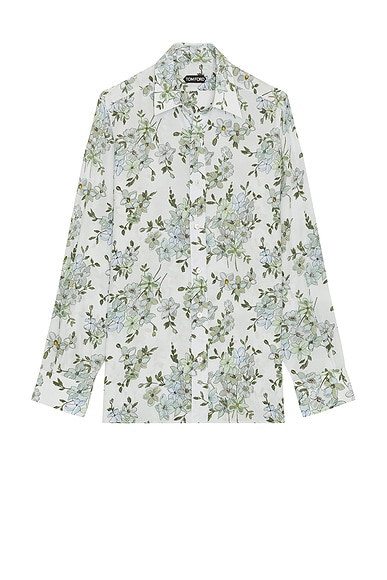 TOM FORD Saint Tropez Printed Floral Slim Fit Shirt in Combo Grey & Light Blue